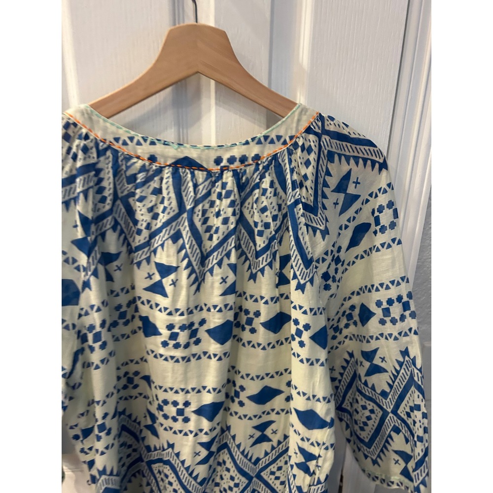 Dolma Womens Blue White Geometric Tribal Print Tassel Tie Boho Tunic Dress Large - Picture 7 of 7